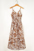 Khaki Floral Shirred High Waist Spaghetti Straps Maxi Dress